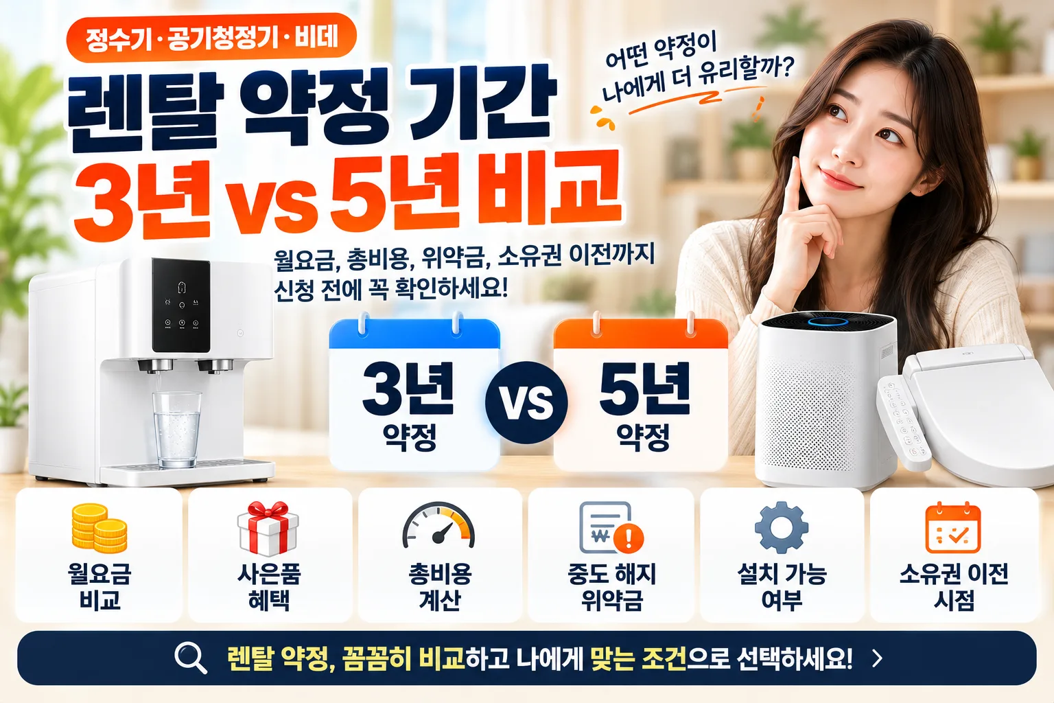 정수기 렌탈 3년 vs 5년 약정 비교｜월요금과 총비용, 위약금까지 확인하세요