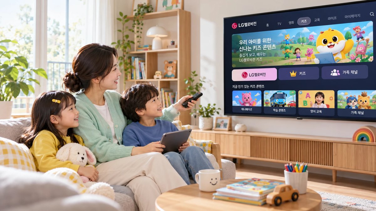 LG헬로비전 키즈 콘텐츠를 함께 시청하는 가족