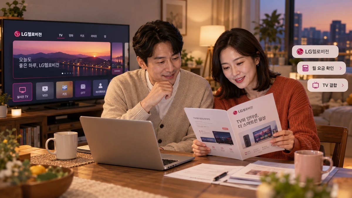 LG헬로비전 안내 책자로 월 요금과 TV 결합을 확인하는 부부