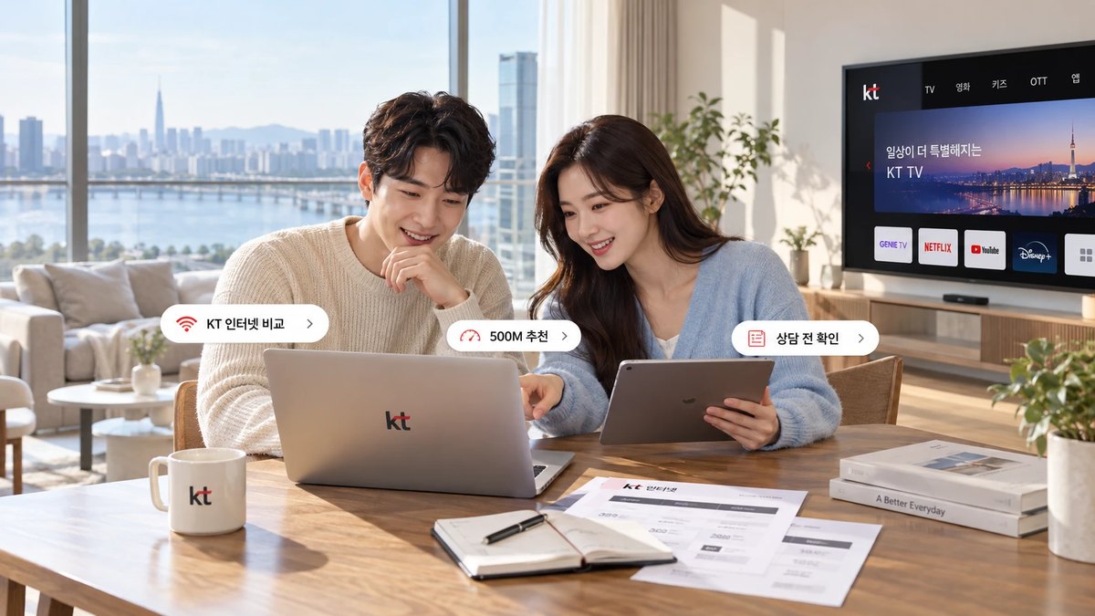 KT 인터넷 요금을 노트북과 태블릿으로 비교하는 두 사람