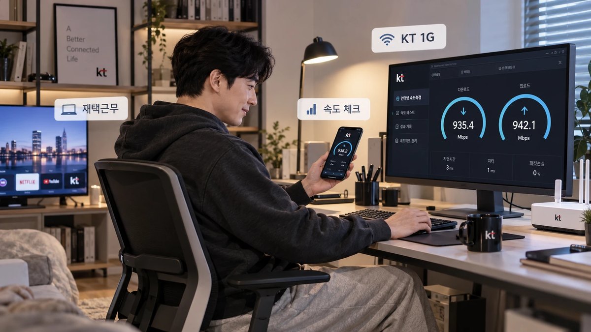 KT 인터넷 속도를 확인하며 재택근무 하는 사용자