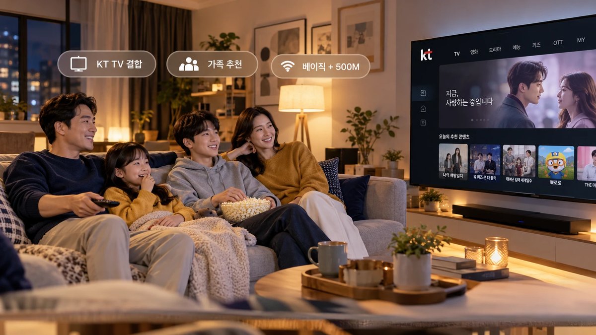 KT TV 결합 화면을 함께 보는 가족