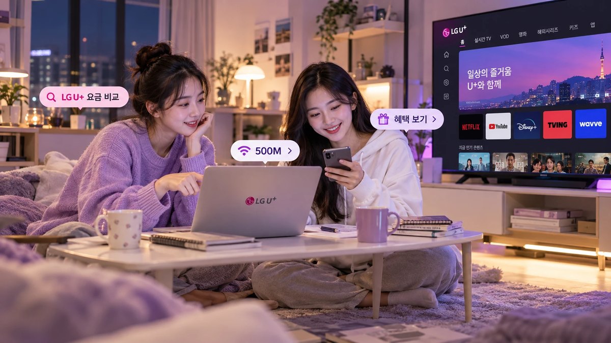 LG U+ 인터넷 요금과 혜택을 노트북으로 비교하는 두 사람