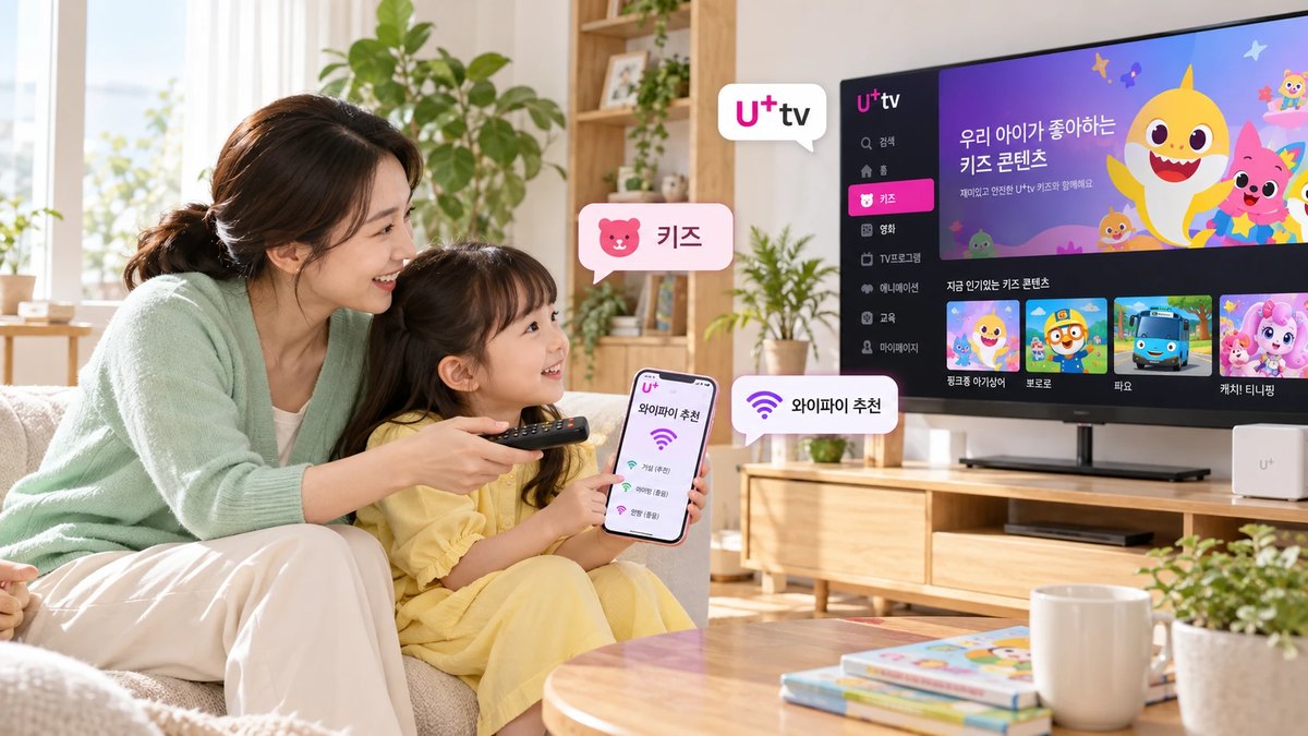 U+tv 키즈 콘텐츠를 보며 와이파이 환경을 확인하는 가족