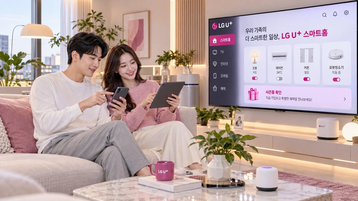 LG U+ 스마트홈 화면에서 사은품 혜택을 확인하는 부부