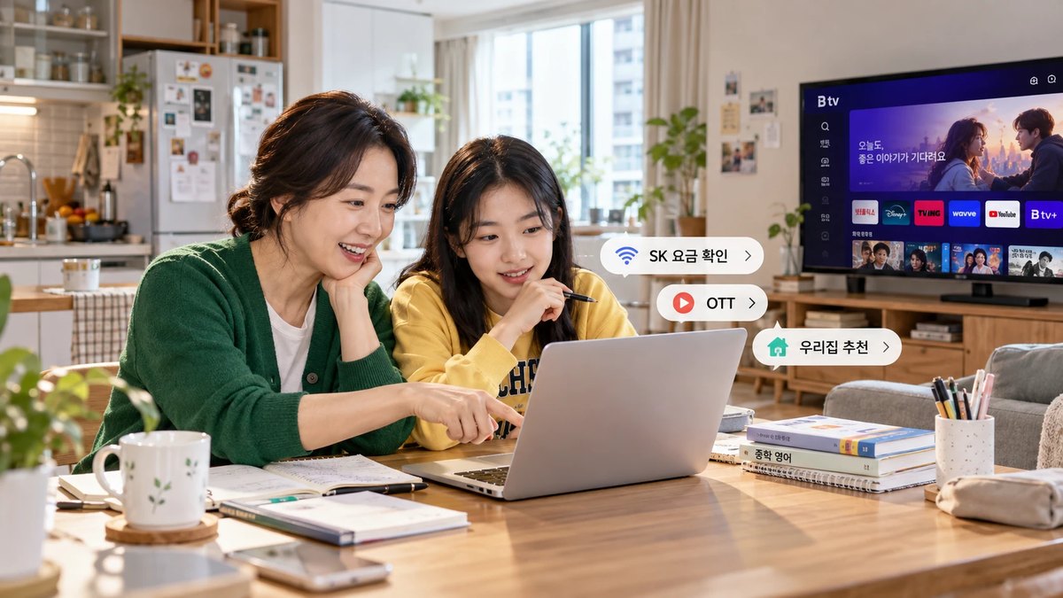 SK브로드밴드 요금과 OTT 구성을 노트북으로 확인하는 모녀