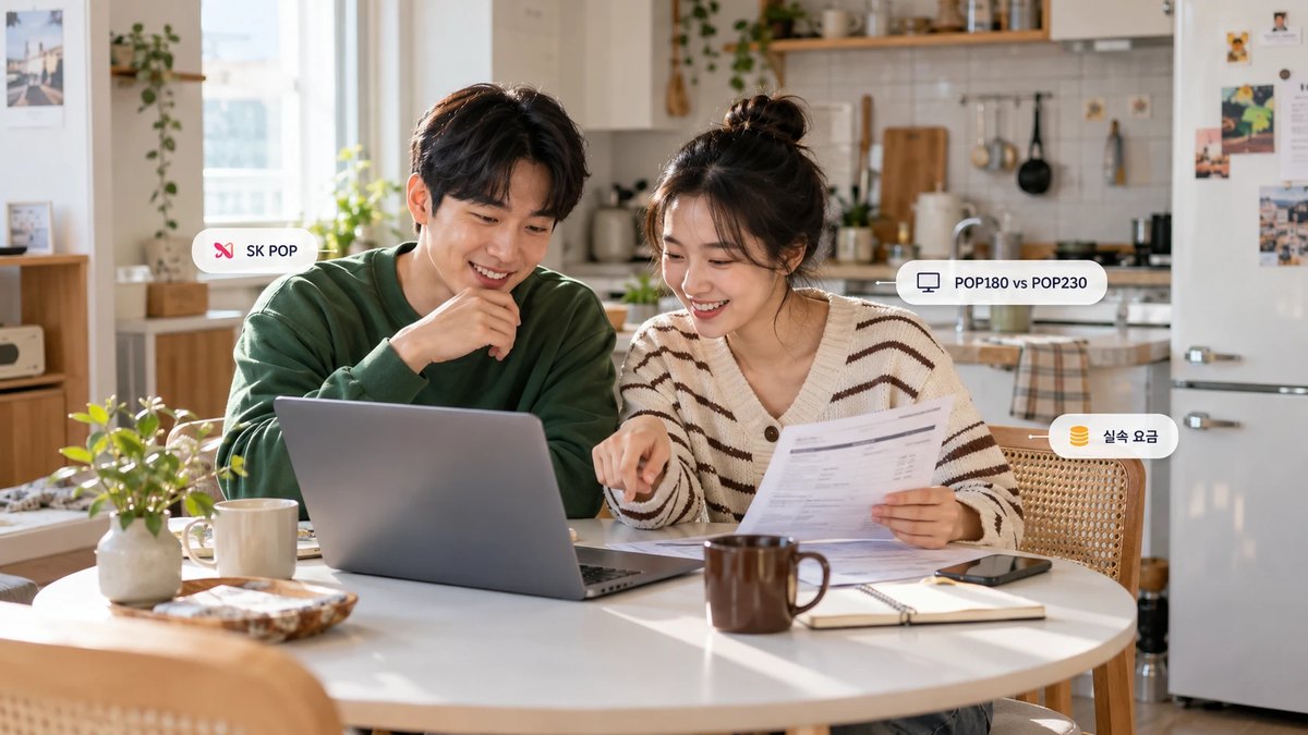 SK POP 구성별 요금을 노트북과 요금 안내서로 비교하는 부부
