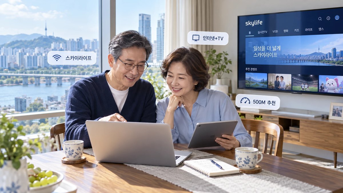 스카이라이프 인터넷+TV 500M을 노트북으로 비교하는 부부