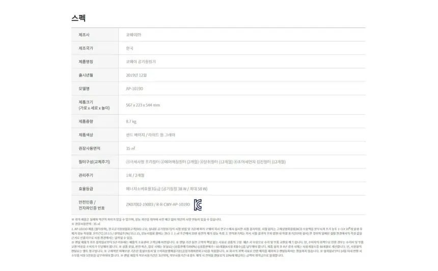코웨이 아이콘 공기청정기 10평 상세 2