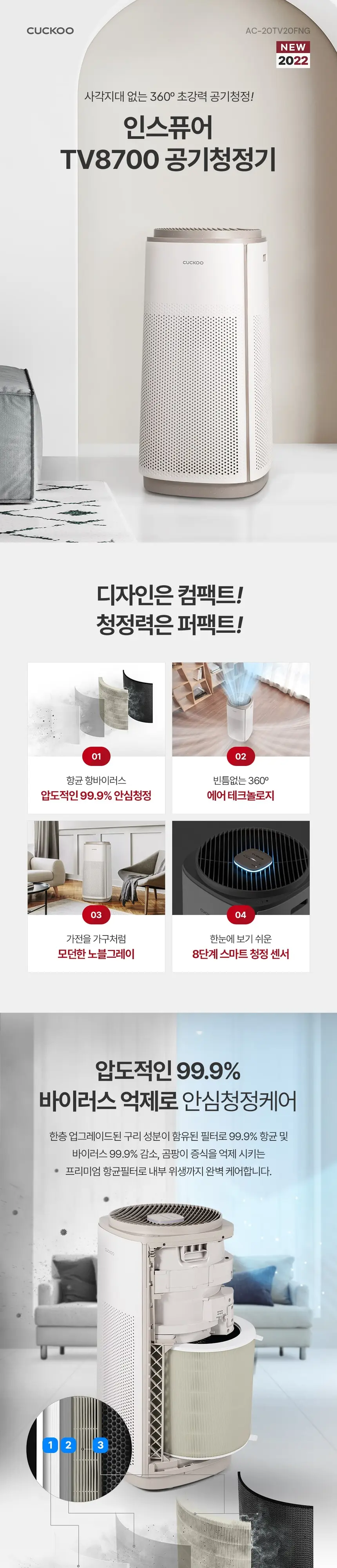 쿠쿠 공기청정기 360도 회전 20평형 AC-20TV20FNG 상세 1