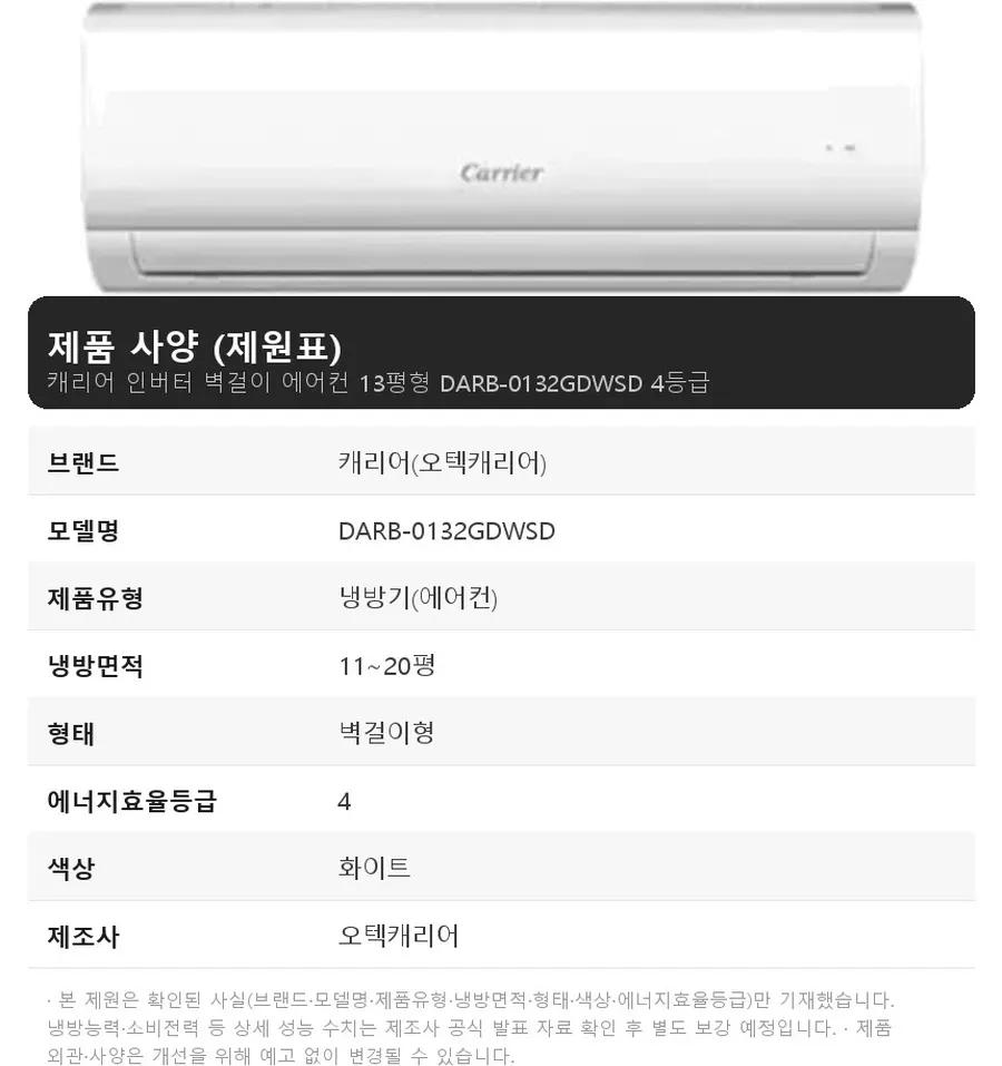 오텍캐리어 캐리어 인버터 벽걸이 에어컨 13평형 DARB-0132GDWSD 4등급 상세 1