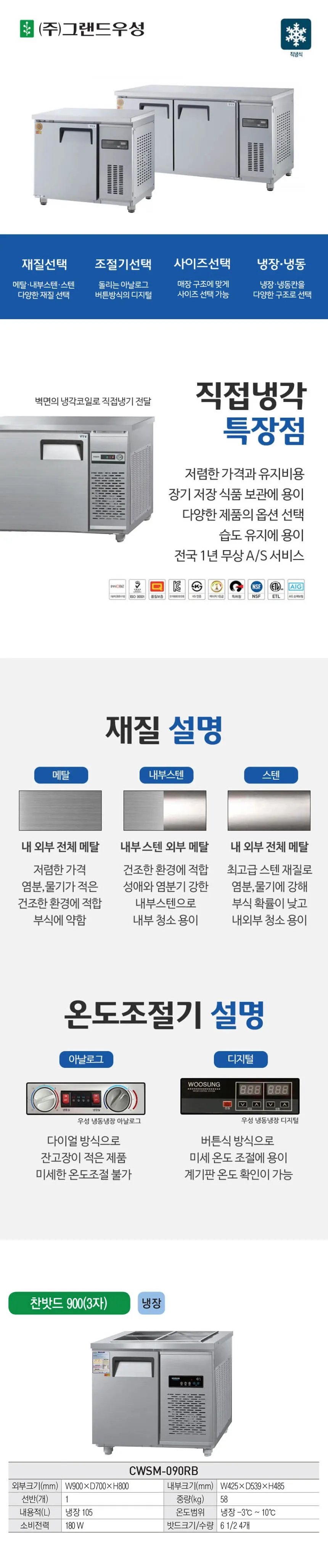 그랜드우성 우성 영업용 업소용 반찬냉장고 900 105L (CWSM-090RB 내부스텐) 상세 1