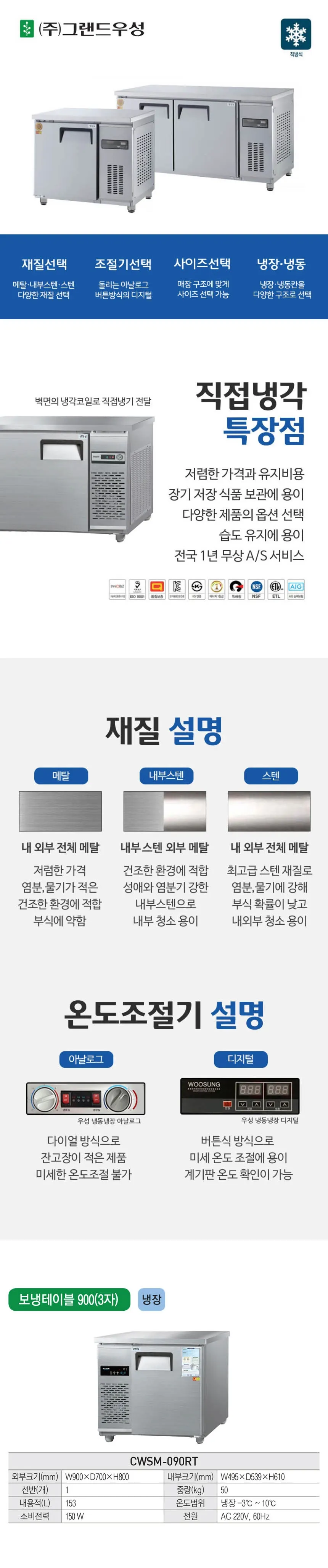 그랜드우성 우성 영업용 업소용 카페냉장고 테이블냉장고 900 153L (CWSM-090RT 내부스텐) 상세 1