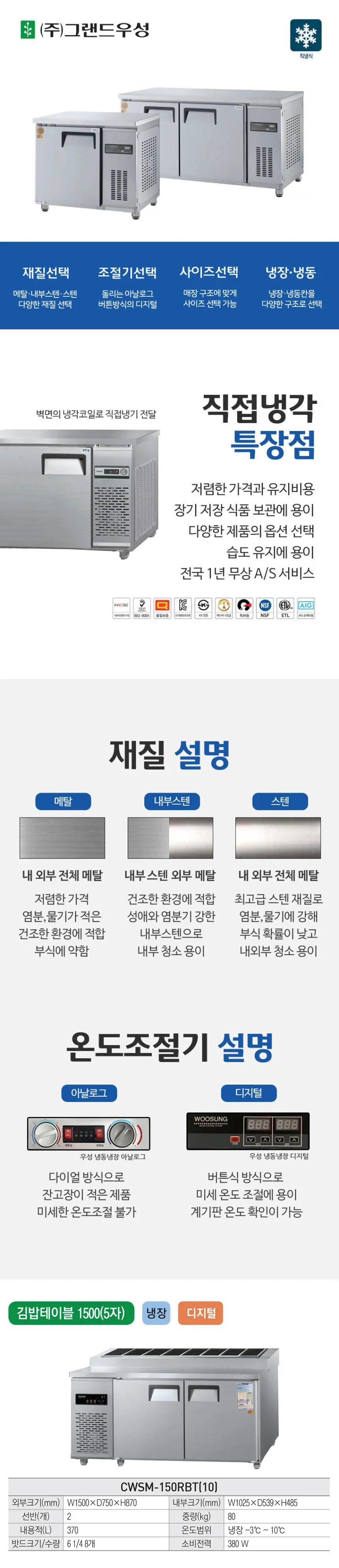 그랜드우성 직냉식 김밥 냉장고 296L (내부스텐) CWSM-150RBT 내부스텐 (K) 상세 1