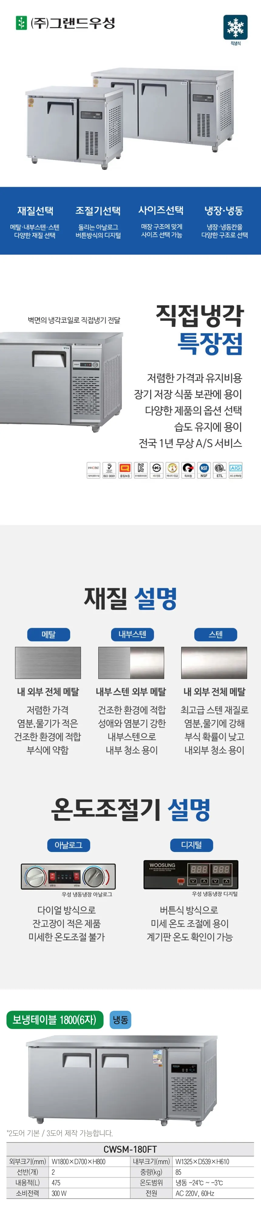 그랜드우성 직냉식 테이블 냉동고 475L (내부스텐) CWSM-180FT 내부스텐 상세 1