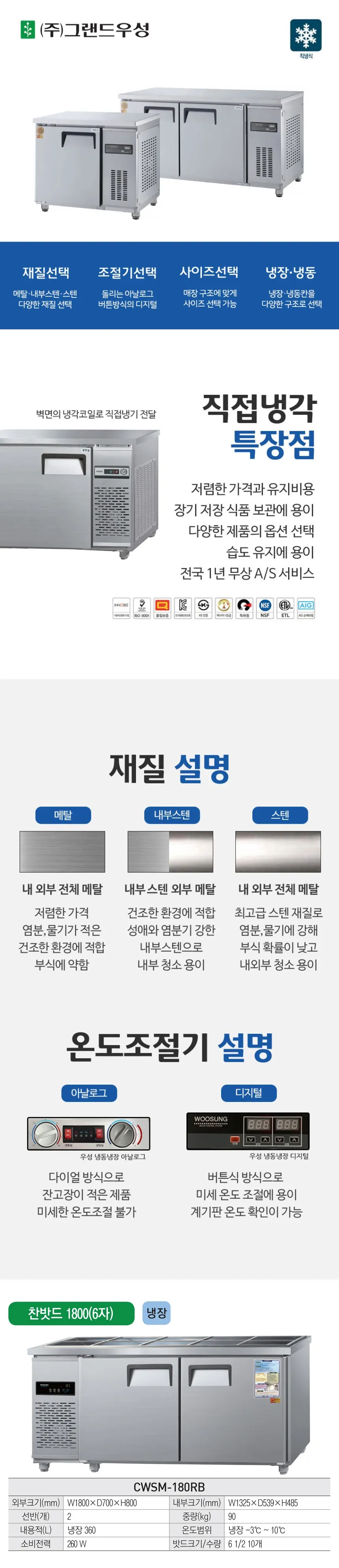 그랜드우성 직냉식 반찬 냉장고 360L (내부스텐) CWSM-180RB 내부스텐 상세 1