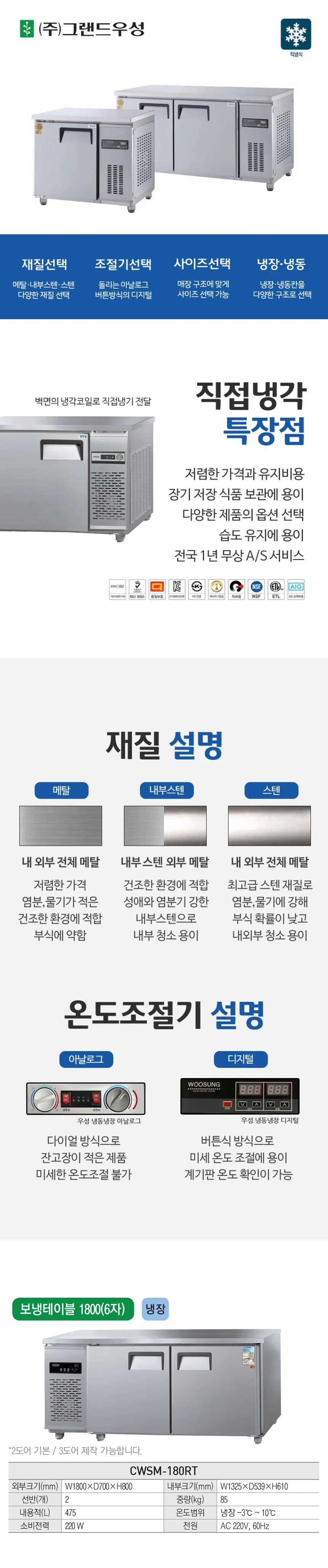 그랜드우성 직냉식 테이블 냉장고 475L (내부스텐) CWSM-180RT 내부스텐 상세 1