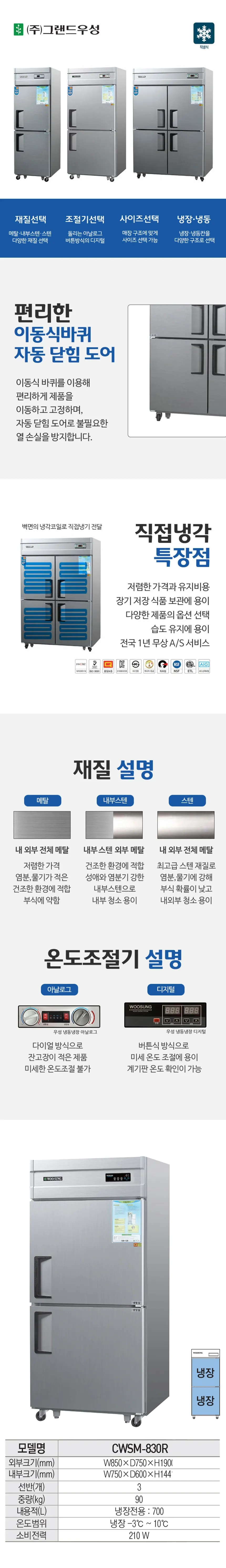 그랜드우성 직냉식 냉장고 710L (메탈) CWSM-830R 메탈 상세 1