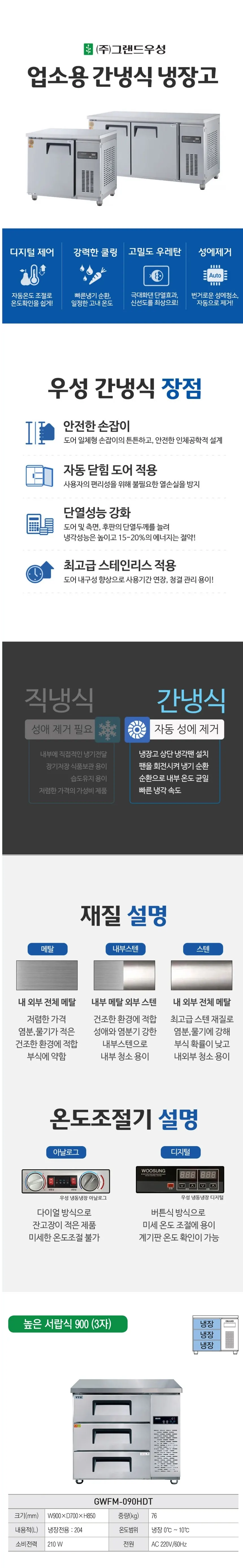 그랜드우성 간냉식 높은 서랍 냉장고 204L (폭700) GWFM-090HDT H7 상세 1