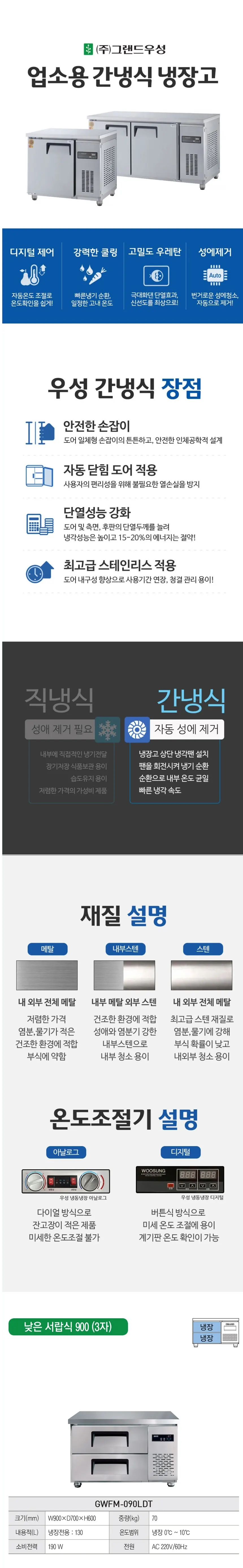 그랜드우성 간냉식 낮은 서랍 냉장고 130L (폭700) GWFM-090LDT L7 상세 1
