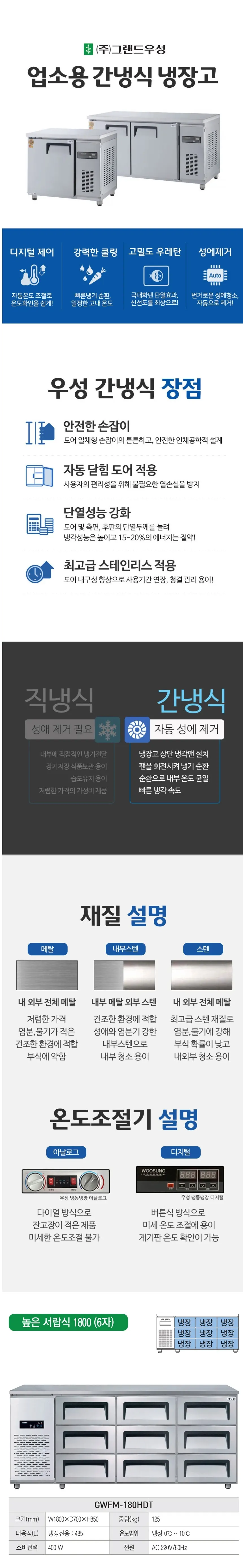 그랜드우성 간냉식 높은 서랍 냉장고 485L (폭700) GWFM-180HDT H7 상세 1