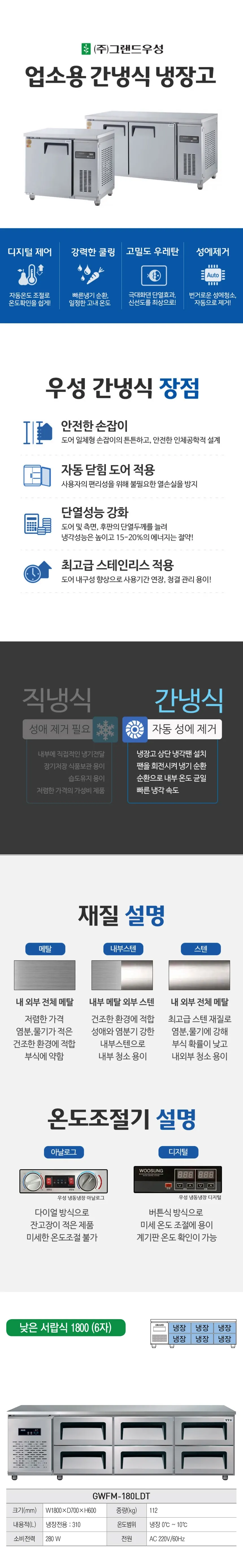 그랜드우성 간냉식 낮은 서랍 냉장고 310L (폭700) GWFM-180LDT L7 상세 1