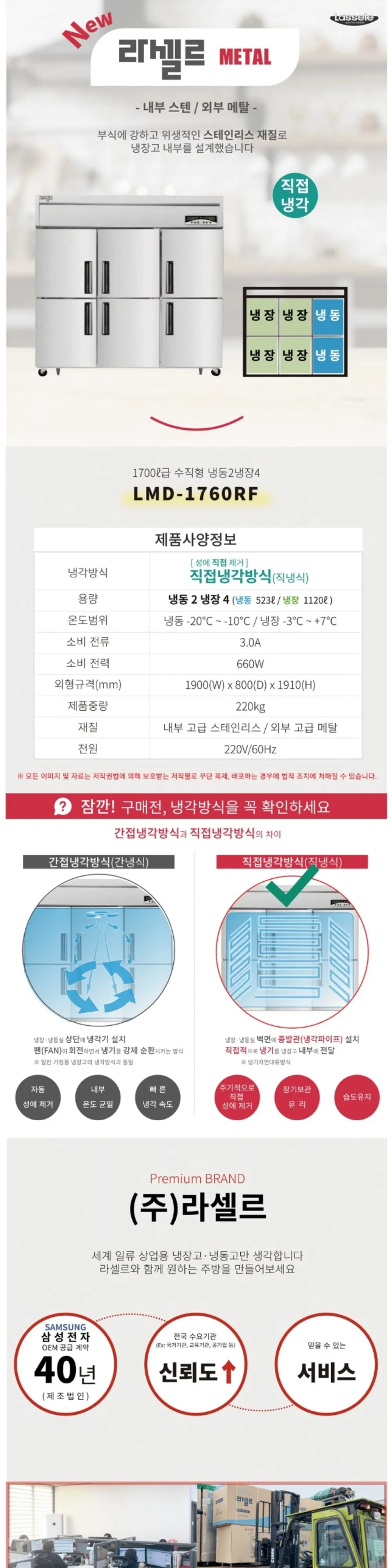 라셀르 직냉식 업소용 냉장고 1643L (냉장1120L+냉동523L) 6도어(냉장4+냉동2) 내부스텐 외부메달 자동성에X 상세 1