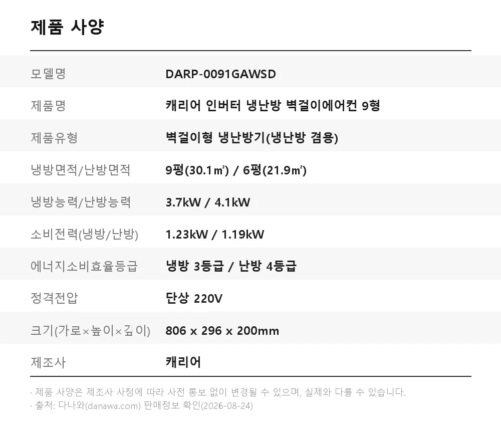 오텍캐리어 캐리어 냉난방기 벽걸이 스탠다드 9평 단상 상세 2
