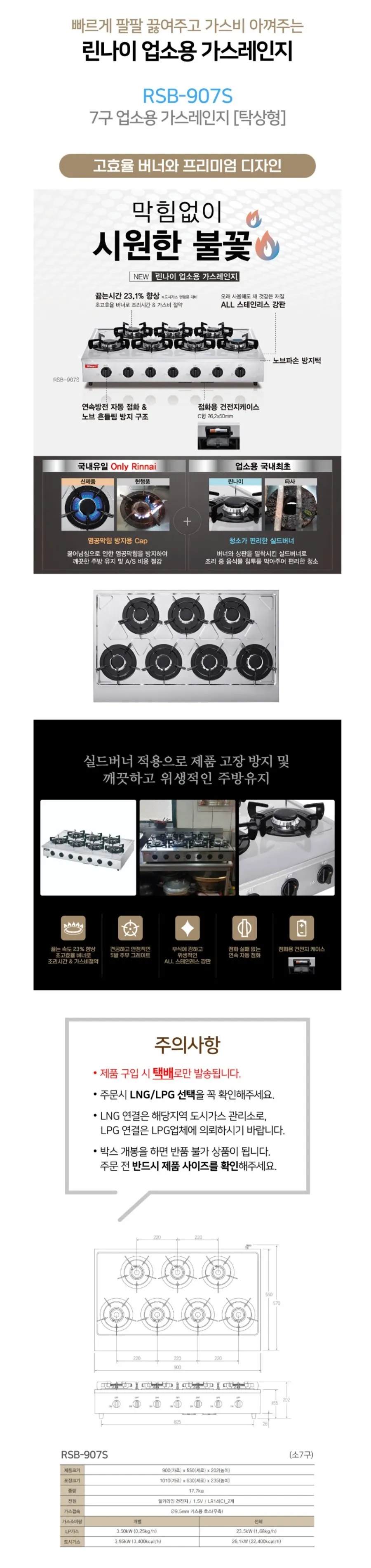 린나이 업소용 가스레인지 7구 900 상세 1