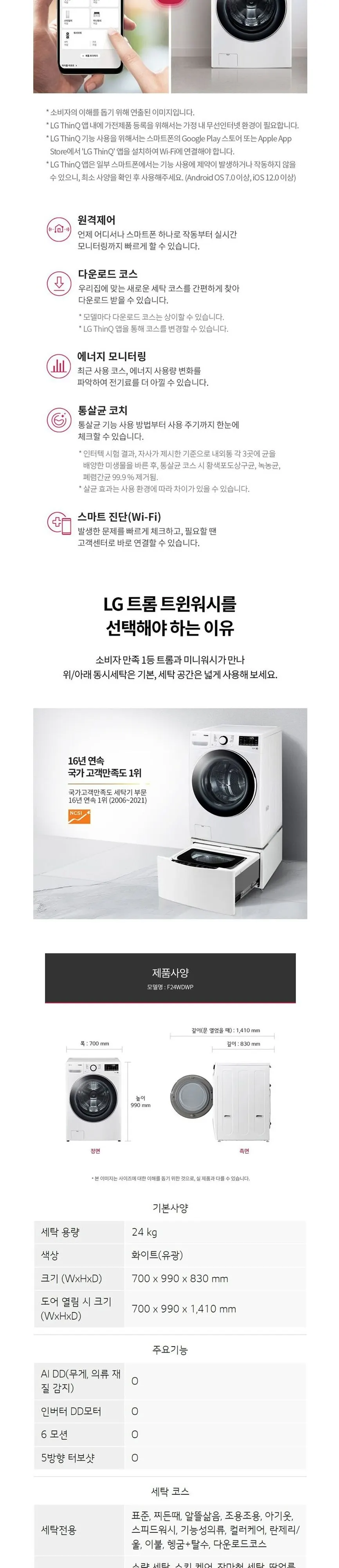 LG 트롬 드럼세탁기 24kg 화이트 유광 상세 4